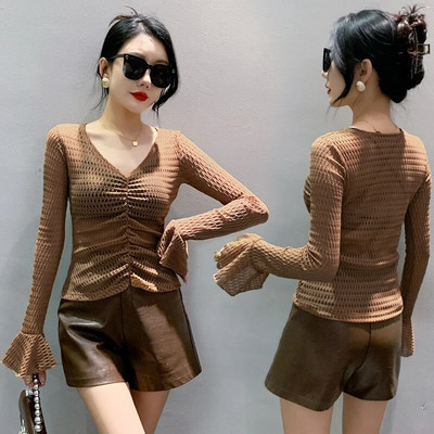 Jesenska majica dugih rukava s V-izrezom i jacquard raskošnim rukavima, ženske prozirne, nabrane, skraćene, uske majice BH1906