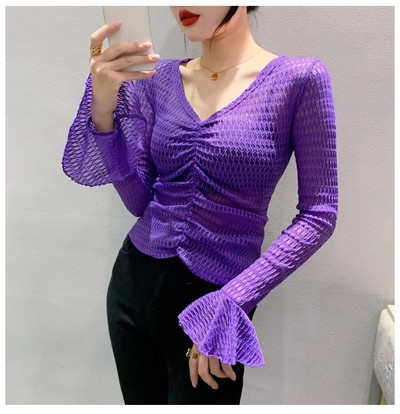 Jesenska majica dugih rukava s V-izrezom i jacquard raskošnim rukavima, ženske prozirne, nabrane, skraćene, uske majice BH1906