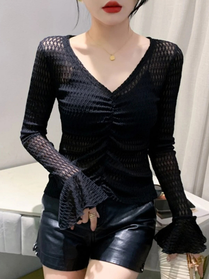 Jesenska majica dugih rukava s V-izrezom i jacquard raskošnim rukavima, ženske prozirne, nabrane, skraćene, uske majice BH1906