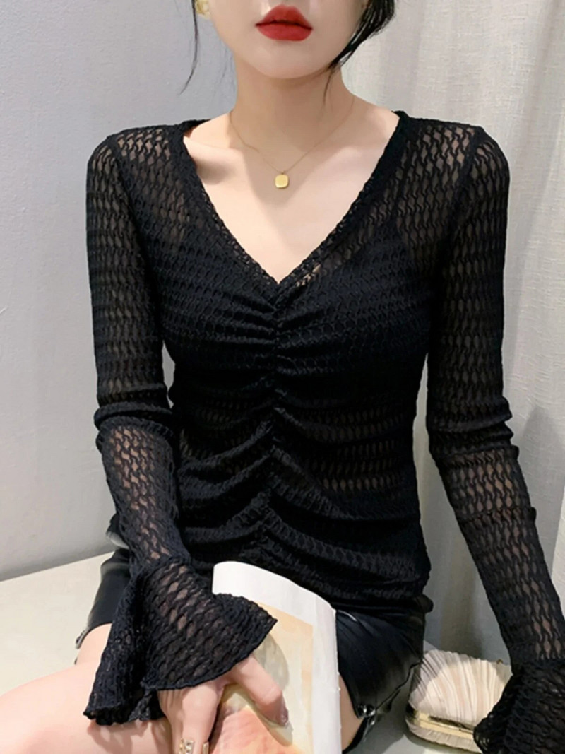 Jesenska majica dugih rukava s V-izrezom i jacquard raskošnim rukavima, ženske prozirne, nabrane, skraćene, uske majice BH1906