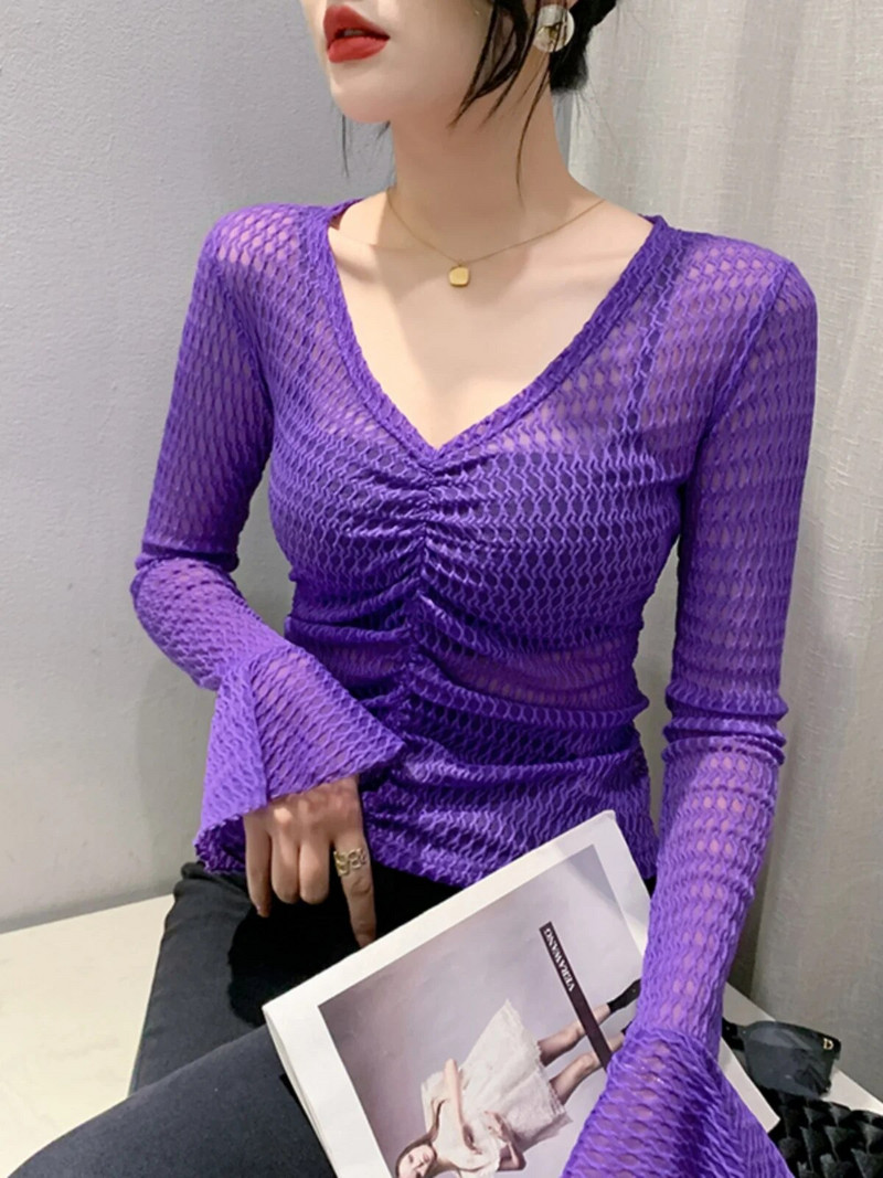 Jesenska majica dugih rukava s V-izrezom i jacquard raskošnim rukavima, ženske prozirne, nabrane, skraćene, uske majice BH1906