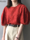 ZANZEA Elegantna ženska bluza kratkih rukava Ljeto široki izdubljeni puloveri Prevelike majice s puf rukavima Ležerne Jednobojne Blusas Femme