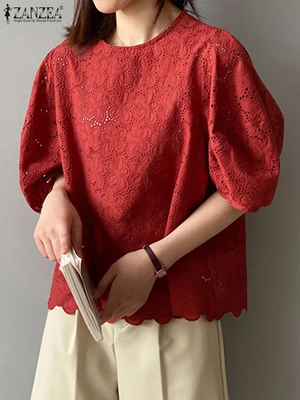 ZANZEA Elegantna ženska bluza kratkih rukava Ljeto široki izdubljeni puloveri Prevelike majice s puf rukavima Ležerne Jednobojne Blusas Femme