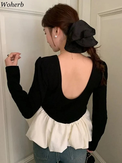 Y2K Fashion Blouse Women Clothing Contrast Color Puff Sleeve Tunic Shirts 2024 Blusas Mujer De Moda Backless Sexy Blouses Tops