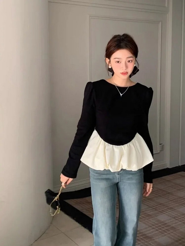 Y2K modna bluza Ženska odjeća Kontrastne boje Tunike s puf rukavima 2024. Blusas Mujer De Moda Seksi bluze bez leđa