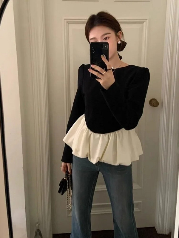 Y2K modna bluza Ženska odjeća Kontrastne boje Tunike s puf rukavima 2024. Blusas Mujer De Moda Seksi bluze bez leđa