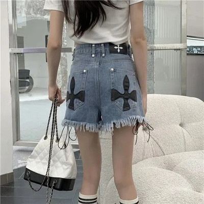 Ljetne traper hlače s visokim strukom s kićankama Streetwear Nove gotičke jeans kratke hlače s korejskim križnim printom za žene Ležerne crne kratke hlače