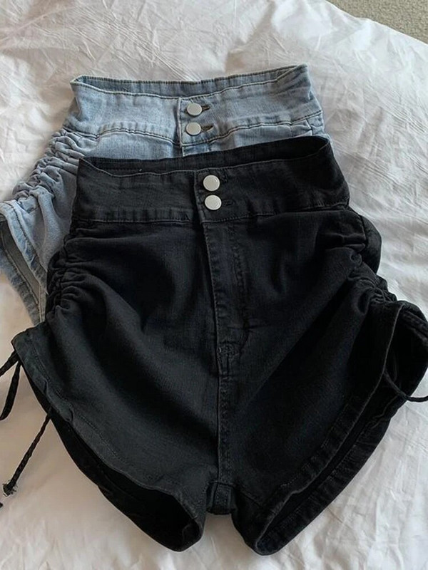 Zoki Sexy Shirring uske traper kratke hlače Ženske modne korejske ležerne kratke hlače s visokim strukom Ljetne kratke hlače s dugmadima Harajuku kratke hlače Novo