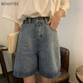Ravne kratke hlače Žene Ulzzang Ljeto Chic Denim visokog struka Preppy Girls Streetwear Sve za slobodno vrijeme Moderna ženska odjeća