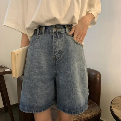 Ravne kratke hlače Žene Ulzzang Ljeto Chic Denim visokog struka Preppy Girls Streetwear Sve za slobodno vrijeme Moderna ženska odjeća