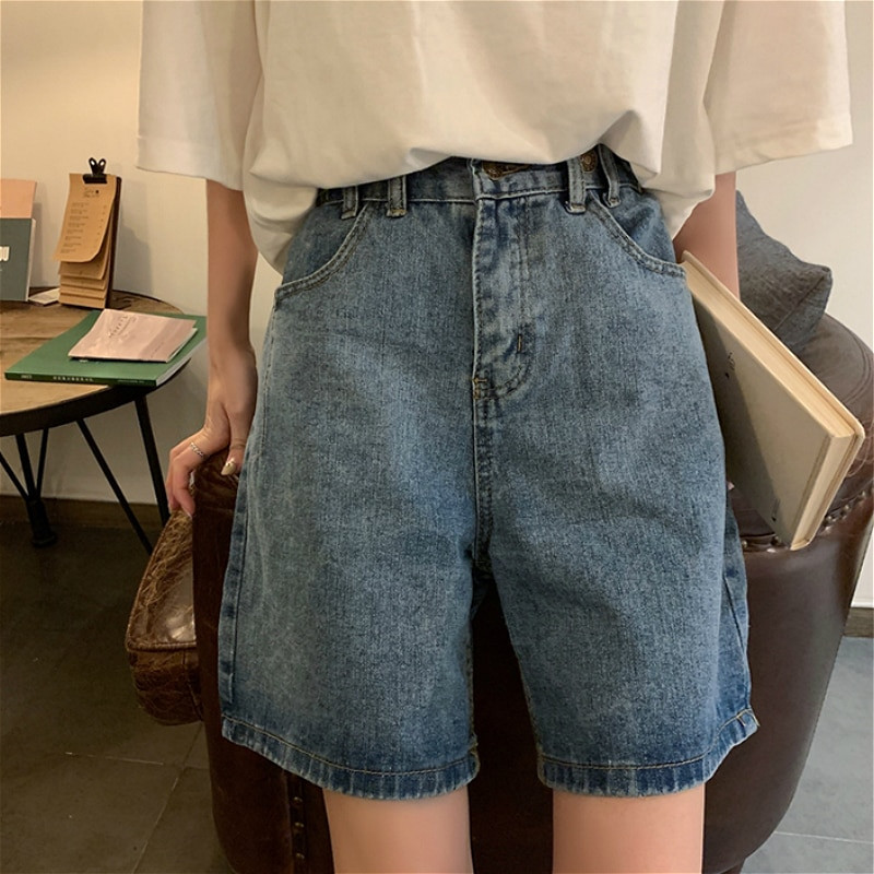 Ravne kratke hlače Žene Ulzzang Ljeto Chic Denim visokog struka Preppy Girls Streetwear Sve za slobodno vrijeme Moderna ženska odjeća