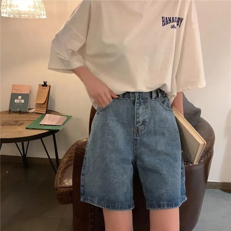 Ravne kratke hlače Žene Ulzzang Ljeto Chic Denim visokog struka Preppy Girls Streetwear Sve za slobodno vrijeme Moderna ženska odjeća
