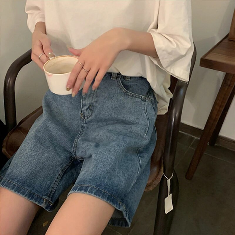 Ravne kratke hlače Žene Ulzzang Ljeto Chic Denim visokog struka Preppy Girls Streetwear Sve za slobodno vrijeme Moderna ženska odjeća