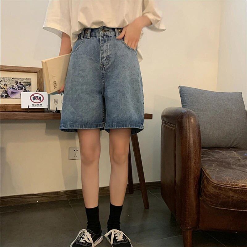 Ravne kratke hlače Žene Ulzzang Ljeto Chic Denim visokog struka Preppy Girls Streetwear Sve za slobodno vrijeme Moderna ženska odjeća