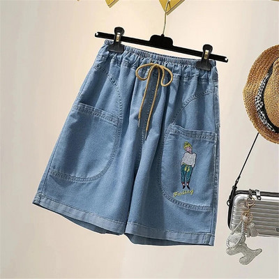 Nedideli 4xl siuvinėti šortai Baggy Jeans Moteriški suvarstomi Pantalones Cortos elastingi aukštu juosmeniu plačiomis kojomis džinsinės kelnės Vaquero Short