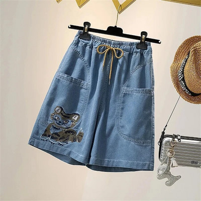 Nedideli 4xl siuvinėti šortai Baggy Jeans Moteriški suvarstomi Pantalones Cortos elastingi aukštu juosmeniu plačiomis kojomis džinsinės kelnės Vaquero Short