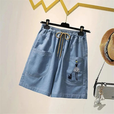 Nedideli 4xl siuvinėti šortai Baggy Jeans Moteriški suvarstomi Pantalones Cortos elastingi aukštu juosmeniu plačiomis kojomis džinsinės kelnės Vaquero Short