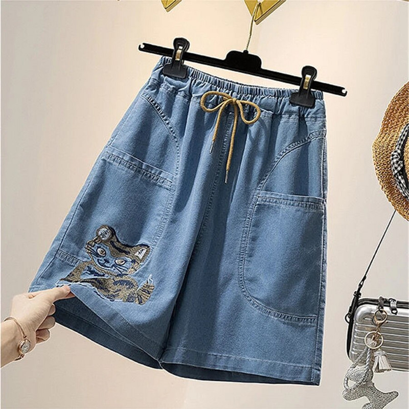 Nedideli 4xl siuvinėti šortai Baggy Jeans Moteriški suvarstomi Pantalones Cortos elastingi aukštu juosmeniu plačiomis kojomis džinsinės kelnės Vaquero Short