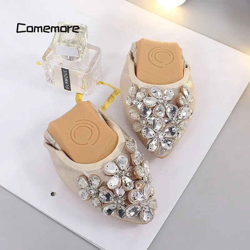 Comemore Modne ženske ravne cipele Luksuzne sandale Ljetna obuća za žene Sa vještačkim kamenčićima Meki potplat Udobne ženske crne cipele 2023.