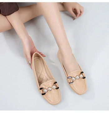 2024 Нови луксозни пролетни дамски елегантни обувки с квадратни пръсти Ежедневни меки плоски обувки Kawaii Barefoot Метални женски мокасини с перлена катарама