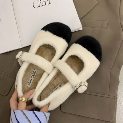 Tople balerinke od pravog zečjeg krzna Ženske korejske mokasine s kopčom i udobnim prstima, zimske plišane cipele za snijeg Protuklizne mokasine