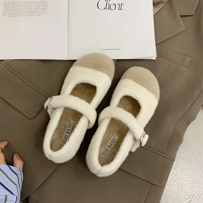 Tople balerinke od pravog zečjeg krzna Ženske korejske mokasine s kopčom i udobnim prstima, zimske plišane cipele za snijeg Protuklizne mokasine