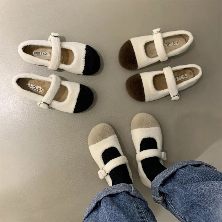 Tople balerinke od pravog zečjeg krzna Ženske korejske mokasine s kopčom i udobnim prstima, zimske plišane cipele za snijeg Protuklizne mokasine
