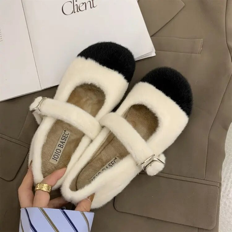 Tople balerinke od pravog zečjeg krzna Ženske korejske mokasine s kopčom i udobnim prstima, zimske plišane cipele za snijeg Protuklizne mokasine