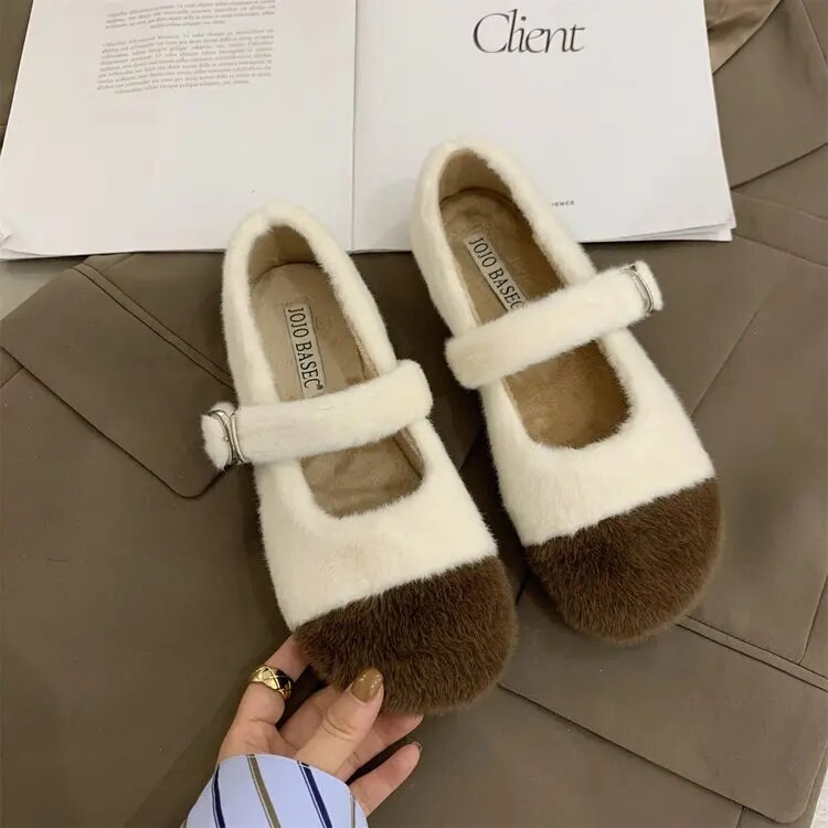 Tople balerinke od pravog zečjeg krzna Ženske korejske mokasine s kopčom i udobnim prstima, zimske plišane cipele za snijeg Protuklizne mokasine