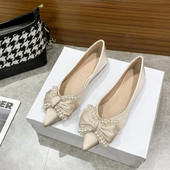 2024. Modne ženske elegantne cipele sa šiljatim prstima, slatke cipele na ravne ravnice od 1 cm, blistave ravne cipele s mašnom, ženske mekane cipele s bisernim nizom, velike veličine