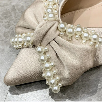 2024 модни дамски елегантни остри пръсти, сладки 1CM обувки с равни обувки, блестящи равни обувки с панделка, дамски меки обувки тип лодка с перлени нишки, голям размер