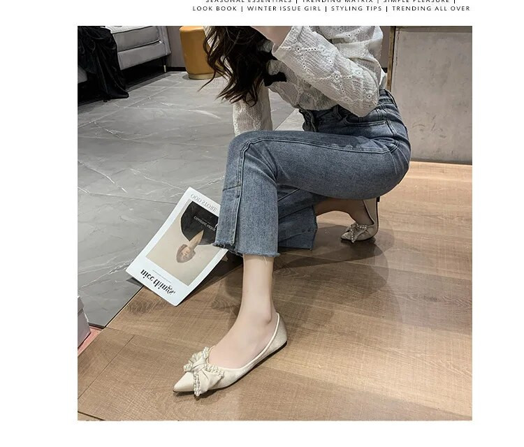 2024. Modne ženske elegantne cipele sa šiljatim prstima, slatke cipele na ravne ravnice od 1 cm, blistave ravne cipele s mašnom, ženske mekane cipele s bisernim nizom, velike veličine