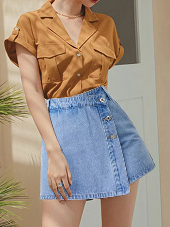 Γυναικεία καθαρή κοντή τζιν φούστα με σκίσιμο μόδας 2023 Καλοκαίρι Ευρωπαϊκή & Αμερικάνικη μόδα Γυναικεία κουμπιά Γλυκό ψηλόμεσο σορτς