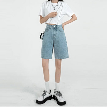 Ретро дънкови къси панталони за жени Лято 2023 г. Панталони с пет точки с висока талия Свободни прави полупанталони с А-силует Корейски стил Облекло
