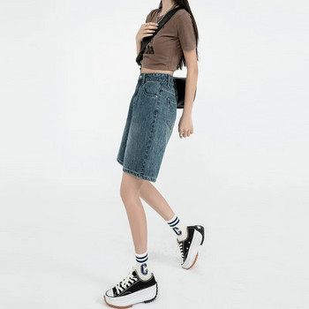 Ретро дънкови къси панталони за жени Лято 2023 г. Панталони с пет точки с висока талия Свободни прави полупанталони с А-силует Корейски стил Облекло