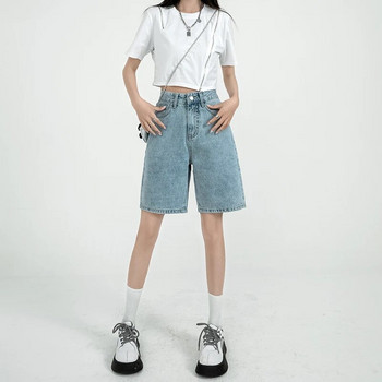Ρετρό τζιν σορτς για γυναίκες Καλοκαίρι 2023 Παντελόνι με ψηλή μέση πέντε πόντους Φαρδιά ίσια μισά παντελόνια σε γραμμή Α Ρούχα κορεατικού στυλ