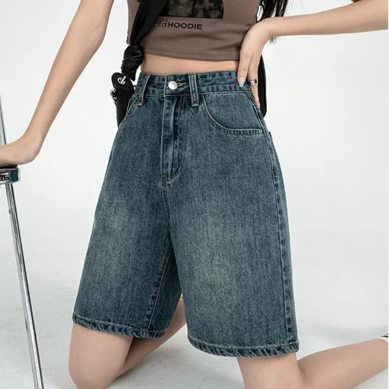 Retro džinsiniai šortai moterims 2023 m. vasara aukštu juosmeniu penkių taškų kelnės laisvos tiesios A formos puskelnės Korėjietiško stiliaus drabužiai