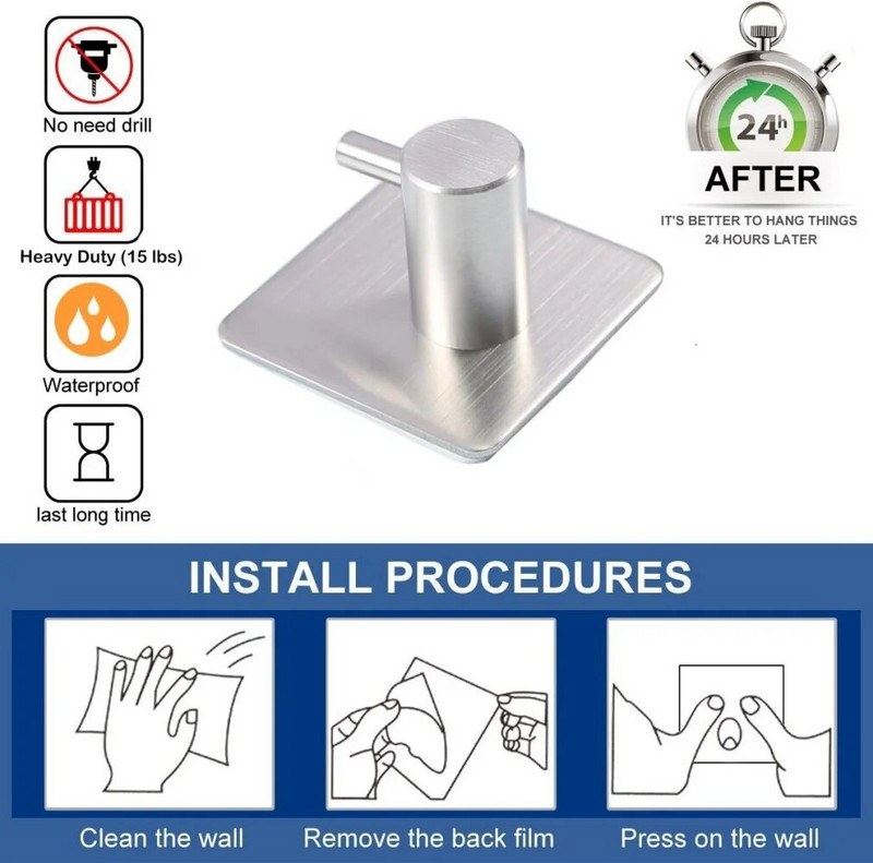 Samoljepljiva kuka, izdržljivi stalak za ručnike, set od 5 komada, zidni samoljepivi nehrđajući čelik 304, nema potrebe za bušenjem, vodootporan