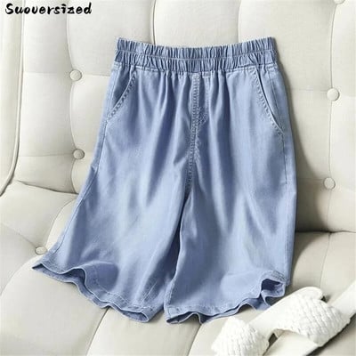 Ice Silk Suvised lühikesed püksid Baggy Teksad Sinised Õhukesed Pantalones Cortos Elastsed Kõrge Vöökohaga Oversize 4xl Naiste Denim Püksid Vabaaja Vaqueros