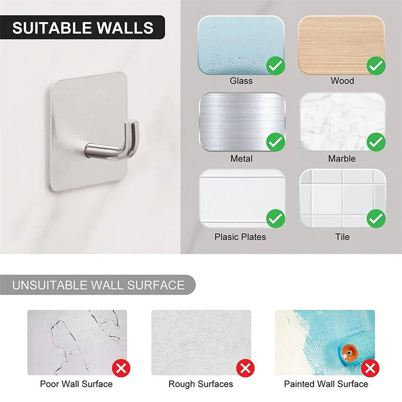 6 db falra szerelhető konyha fürdőszoba hálószoba rendszerező öntapadó vízálló rozsdamentes acél kampók akasztható kabát törölközőhöz