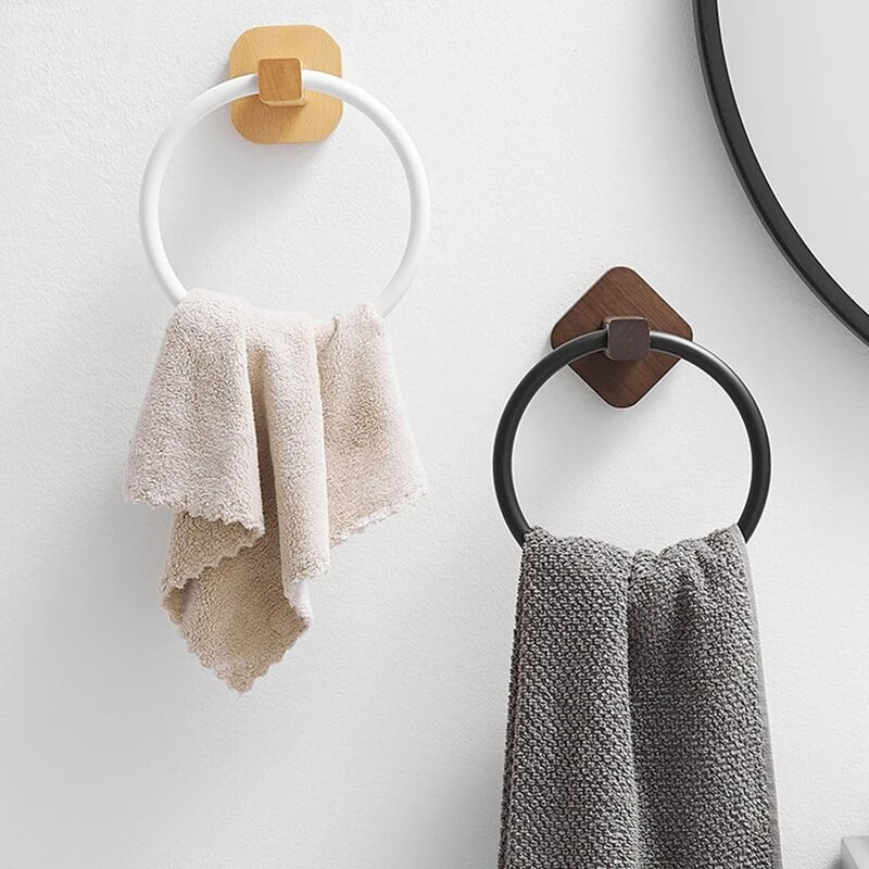 Aliuminis + medinis rankšluosčių žiedas, rankinių rankšluosčių laikiklis vonios kambariui, rankšluosčių kabykla, skirta virtuvės sieniniam laikymui.