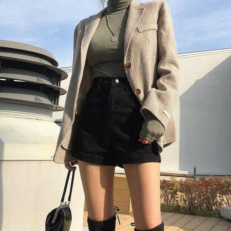 Džinsiniai šortai, moteriški juodi solidūs, stilingos merginos, lieknos aukštu juosmeniu, retro pagrindo, universalios, patogios paauglės, madingos Ulzzang moteriškos, elegantiškos