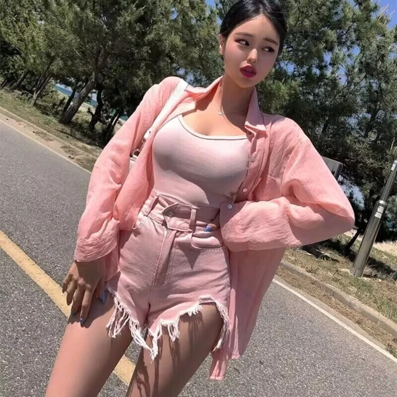 Mada Laisvalaikio vasaros rožiniai džinsiniai šortai Moteriški apatiniai kelnės Moteriški aukštu juosmeniu Kailiu pamuštos kojos Seksualūs trumpi džinsai 2