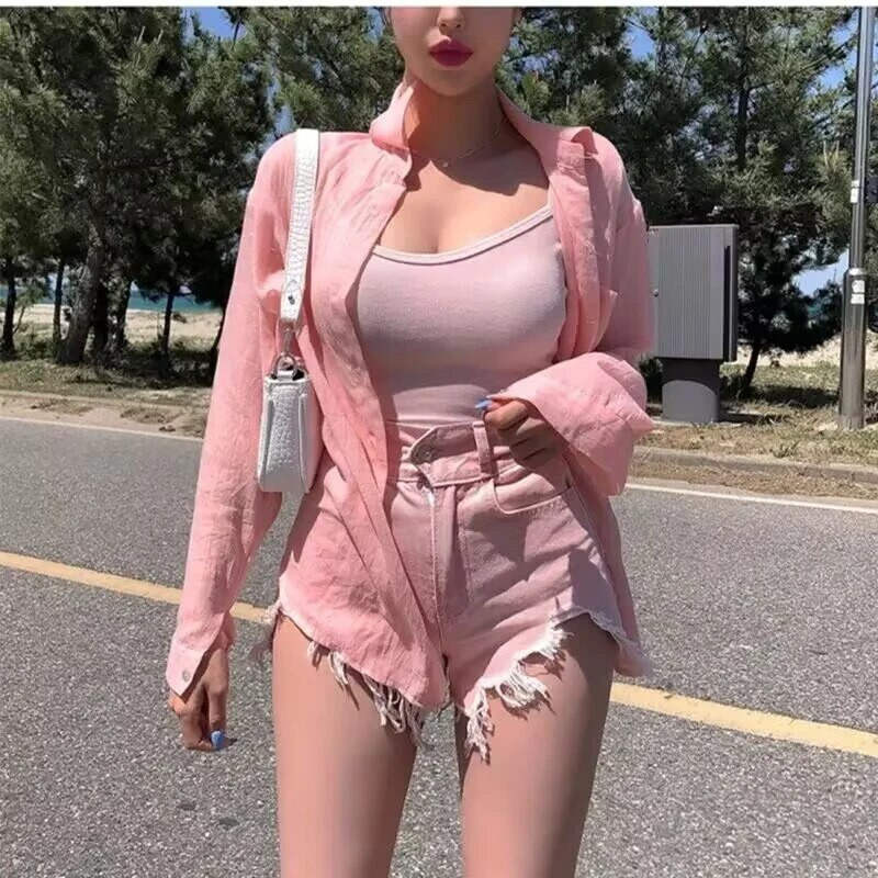 Mada Laisvalaikio vasaros rožiniai džinsiniai šortai Moteriški apatiniai kelnės Moteriški aukštu juosmeniu Kailiu pamuštos kojos Seksualūs trumpi džinsai 2