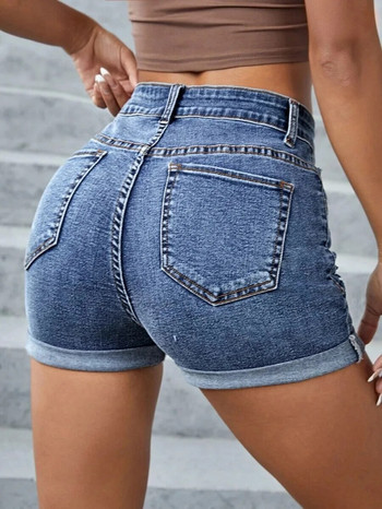 2023 г. Нови дамски скъсани дънкови къси панталони със средна талия Модни секси еластични навити тесни дънкови шорти S-2XL Drop Shipping
