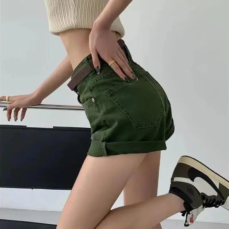 Pantaloni scurți de blugi verzi Pantaloni scurți largi de damă cu talie înaltă Pantaloni scurți de vară sexy în linie A Pantaloni scurți de blugi cu picioare largi, haine y2k pentru femei