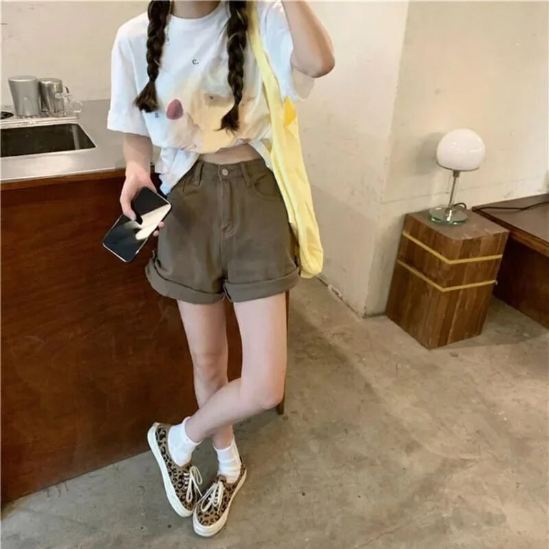Pantaloni scurți de blugi verzi Pantaloni scurți largi de damă cu talie înaltă Pantaloni scurți de vară sexy în linie A Pantaloni scurți de blugi cu picioare largi, haine y2k pentru femei