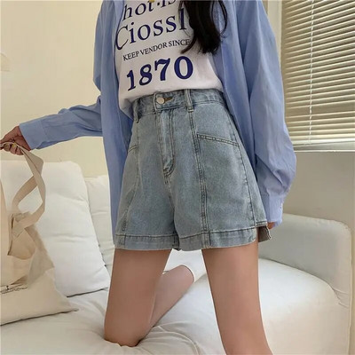 Moteriški džinsiniai šortai, priklijuoti solidūs vintažiniai, netaisyklingi stilingi paauglių gatvės drabužiai Įvairūs laisvalaikio aukštu juosmeniu, saldūs, karšti drabužiai