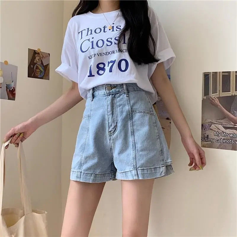 Moteriški džinsiniai šortai, priklijuoti solidūs vintažiniai, netaisyklingi stilingi paauglių gatvės drabužiai Įvairūs laisvalaikio aukštu juosmeniu, saldūs, karšti drabužiai