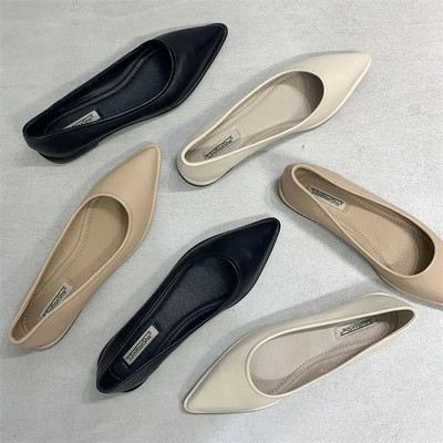 2023 Spring Autumn New Pointed Women`s Shoes Korean Soft Leather Flatsole Shoes Push on Shallow Mouth Comfort Work Shoes Women